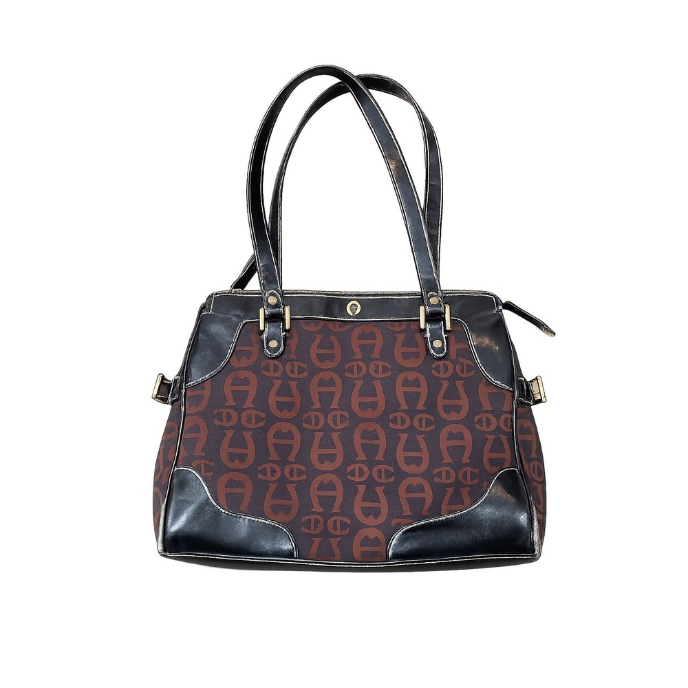 Etienne Aigner Monogram Shoulder Bag Brown Black Tote Purse AS IS Read